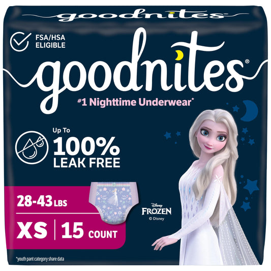 GoodNites paquete frontal mostrando 15 prendas y diseño atractivo Frozen