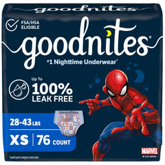 GoodNites paquete frontal mostrando 76 unidades y diseño Spiderman, protección nocturna