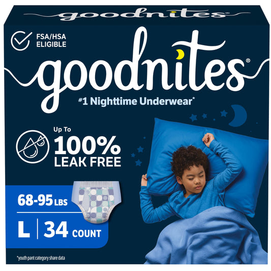 GoodNites frente del empaque mostrando cantidad y talla con ventaja protectora