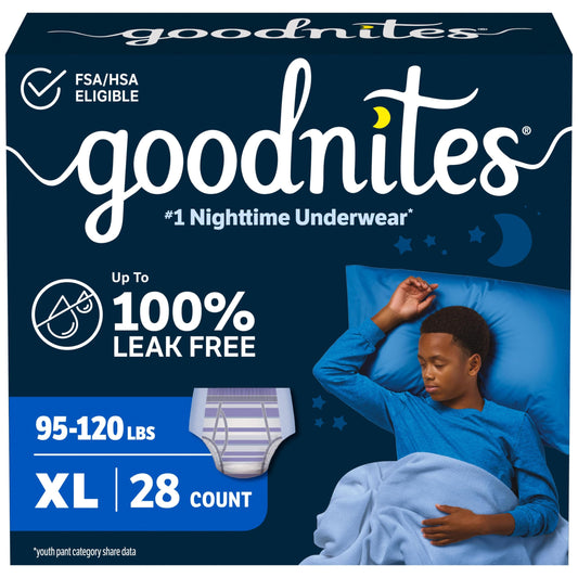 Goodnites empaque frontal XL que muestra cantidad y talla para protección nocturna