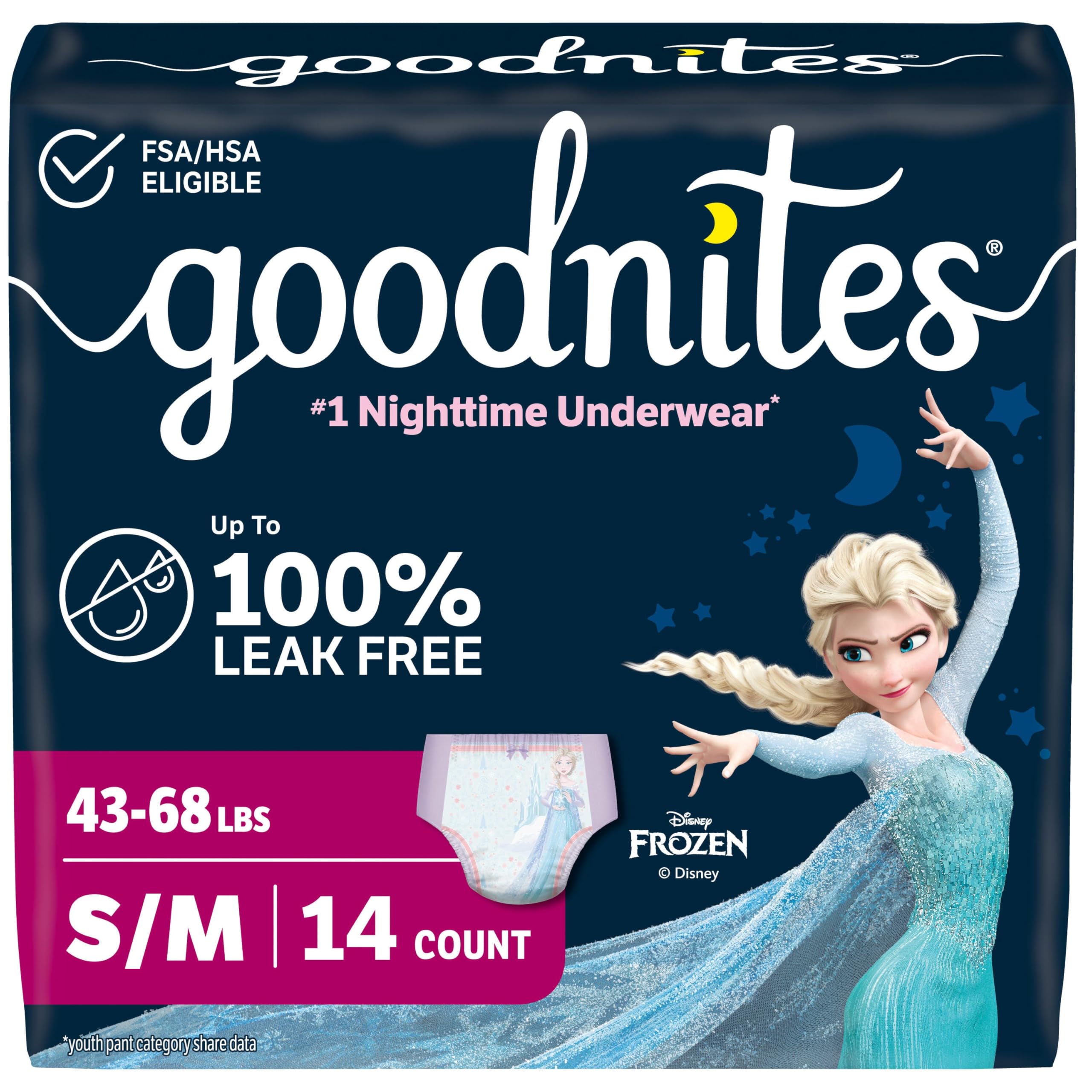 GoodNites empaque frontal mostrando talla S/M y beneficio de protección