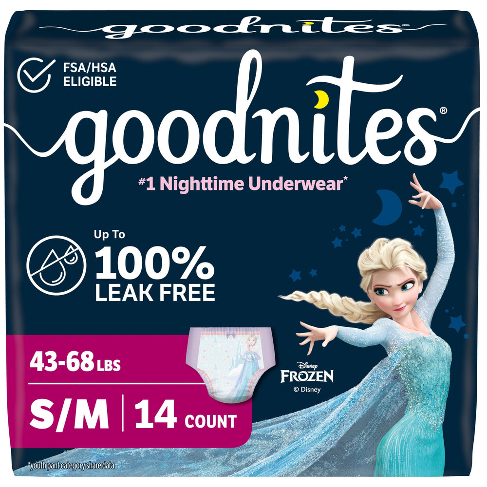 GoodNites empaque frontal mostrando talla S/M y beneficio de protección