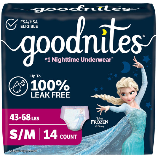 GoodNites empaque frontal mostrando talla S/M y beneficio de protección