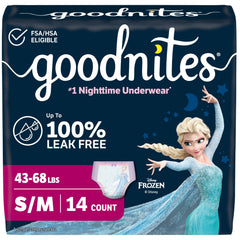 GoodNites empaque frontal mostrando talla S/M y beneficio de protección