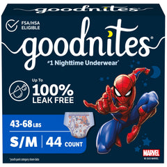GoodNites empaque frontal mostrando 44 unidades y beneficios