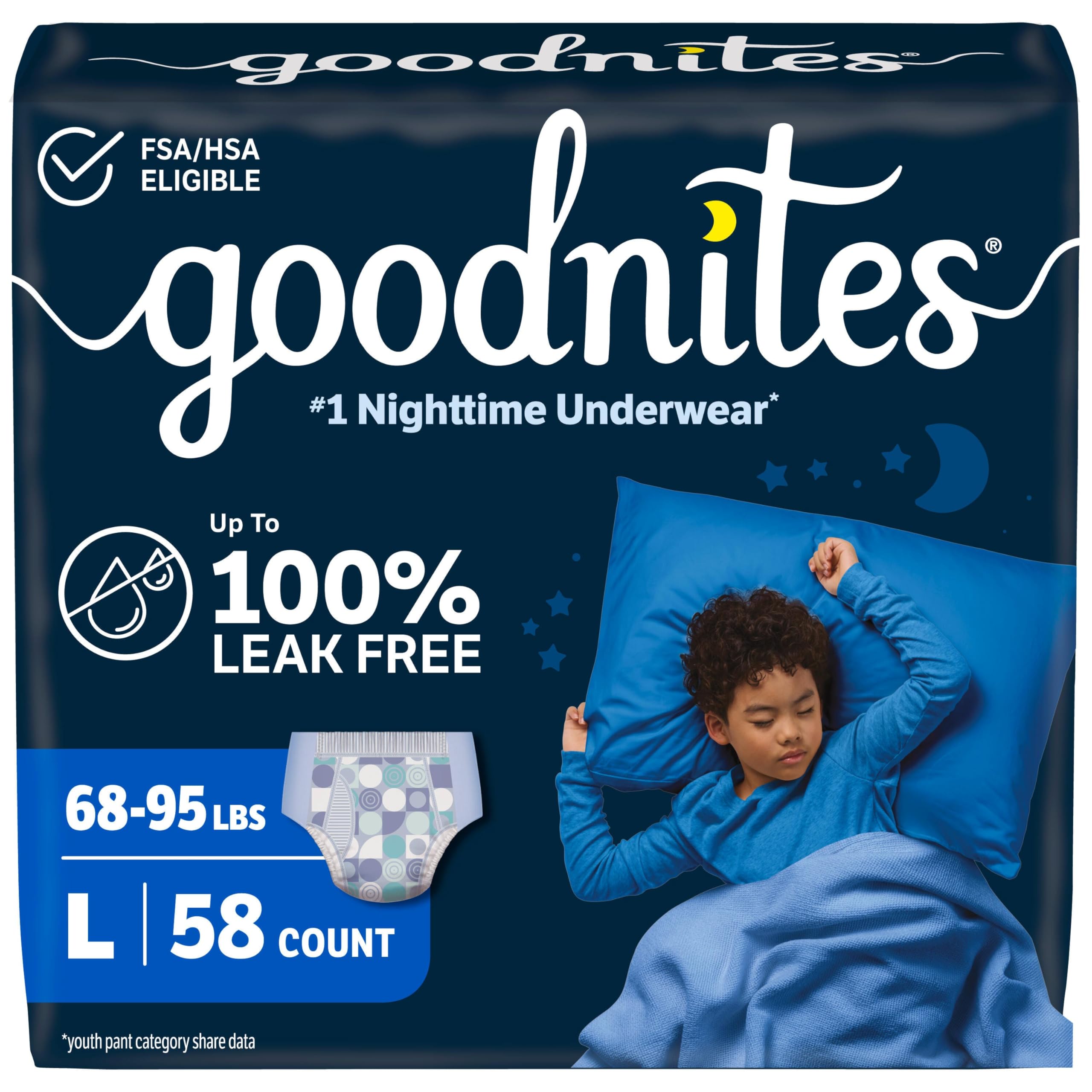 GoodNites frontal del paquete mostrando talla y cantidad, ofrece confianza nocturna