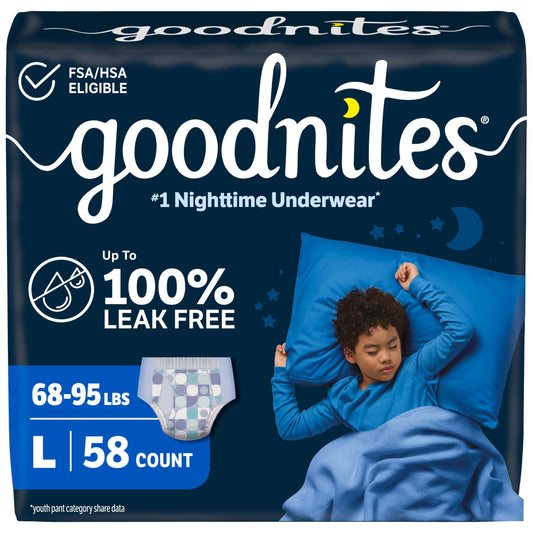 GoodNites frontal del paquete mostrando talla y cantidad, ofrece confianza nocturna