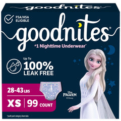 GoodNites paquete frontal mostrando 99 unidades y caja visible, tranquilidad nocturna
