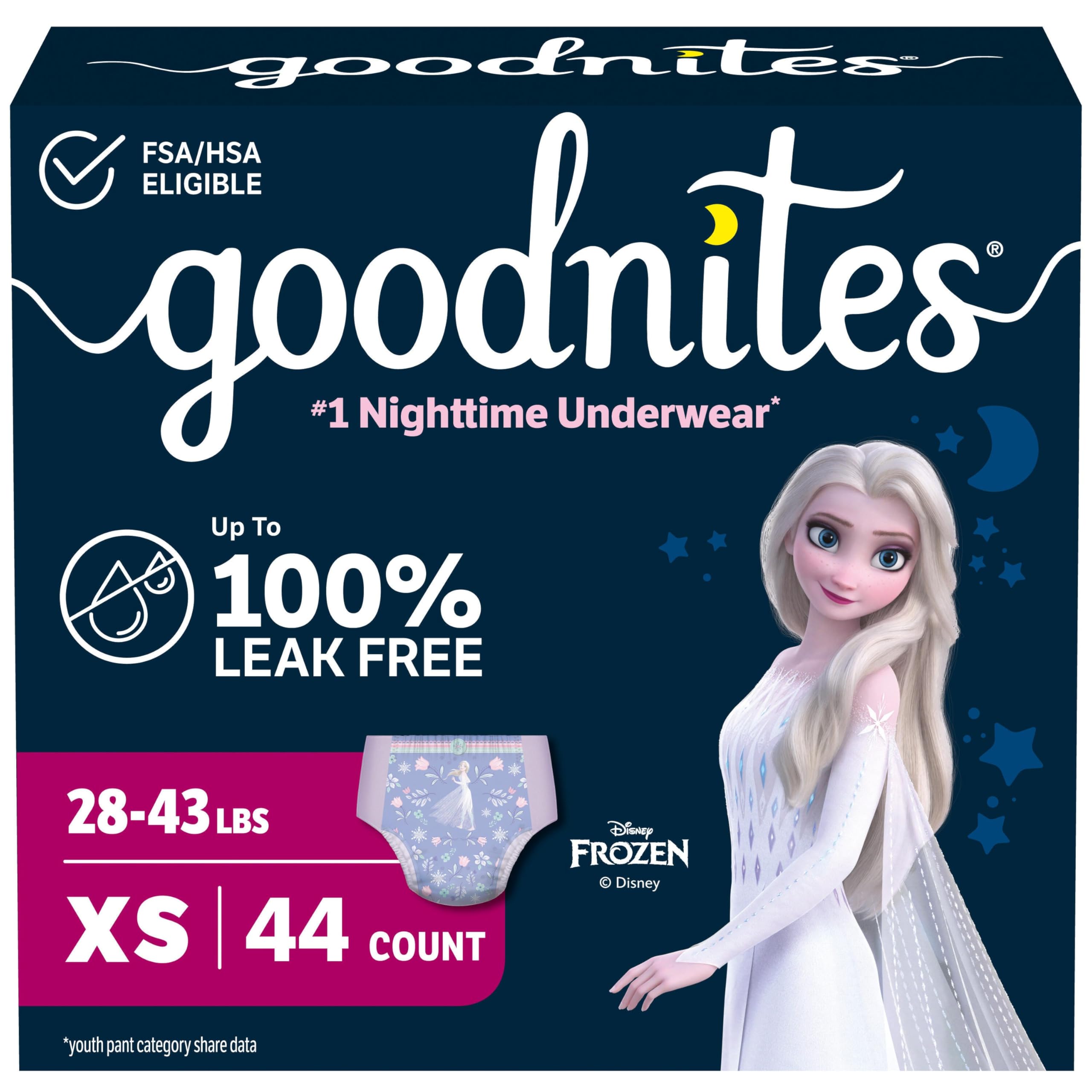 GoodNites paquete frontal mostrando diseño Frozen y cantidad 44 unidades