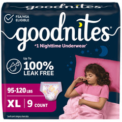 GoodNites paquete frontal 9 ct mostrando diseño y protección