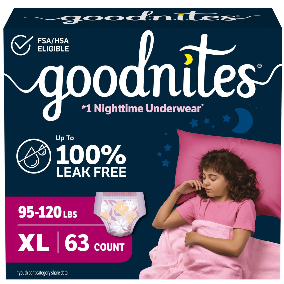 GoodNites embalaje frontal mostrando paquete y beneficio de protección