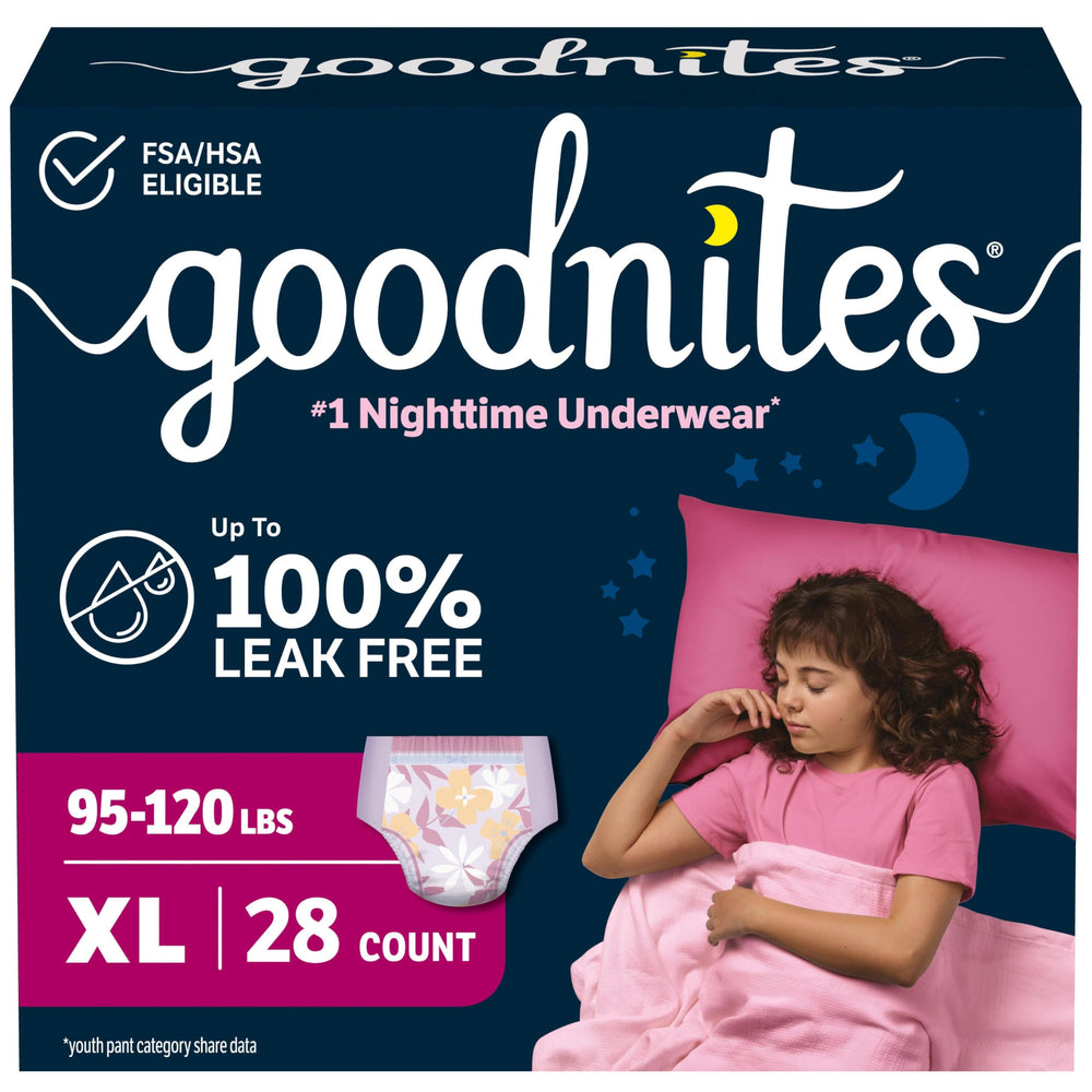 GoodNites empaque frontal mostrando 28 unidades y confianza nocturna