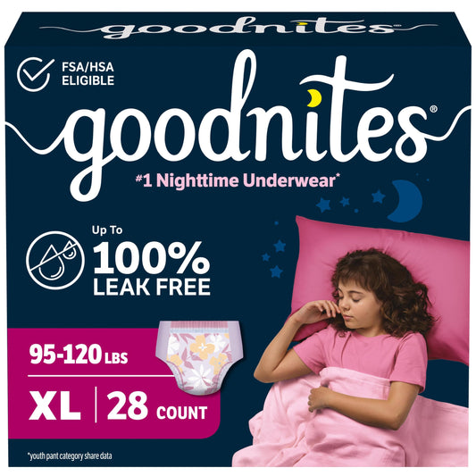 GoodNites empaque frontal mostrando 28 unidades y confianza nocturna