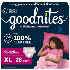 GoodNites empaque frontal mostrando 28 unidades y confianza nocturna