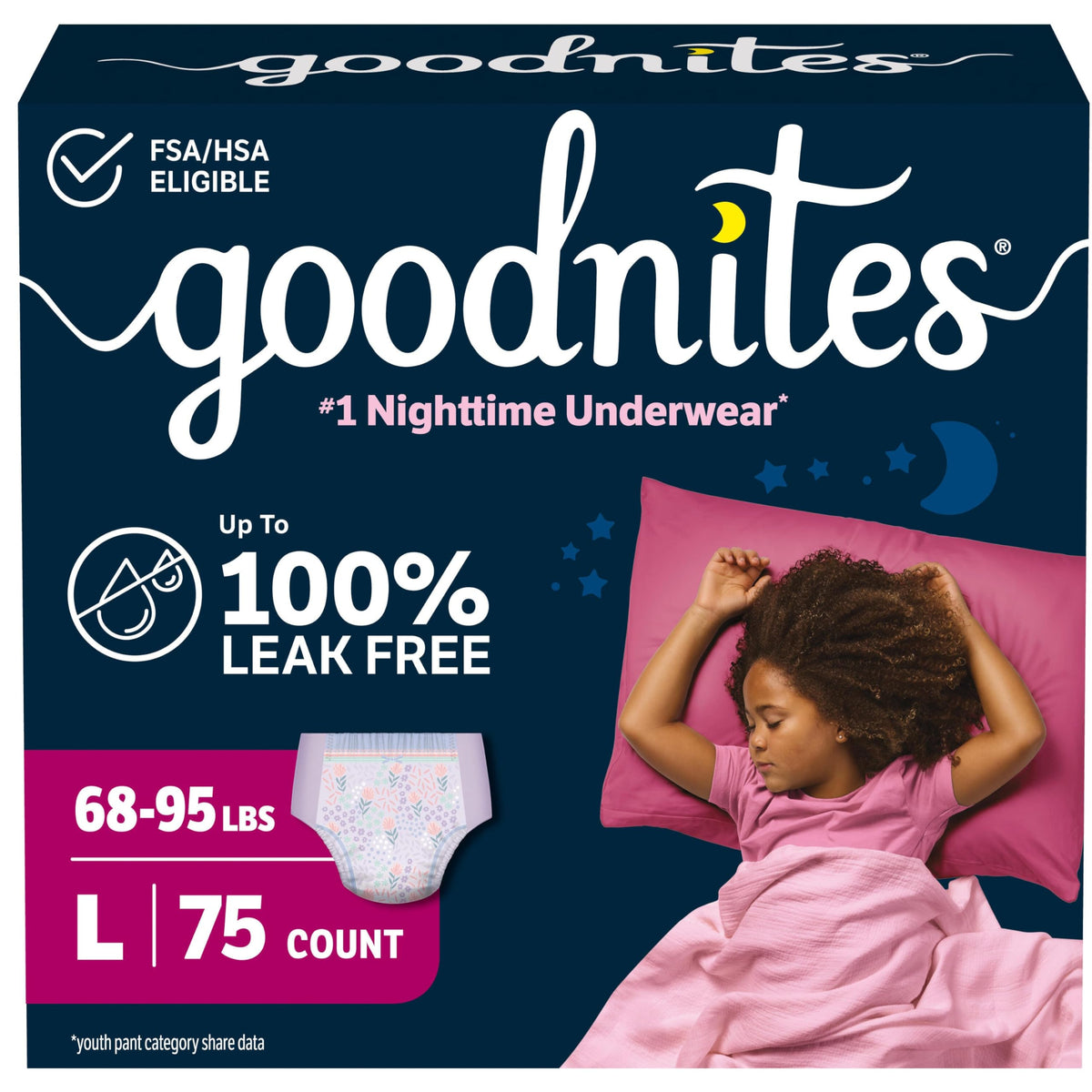 GoodNites empaque frontal mostrando 75 unidades y beneficios visibles