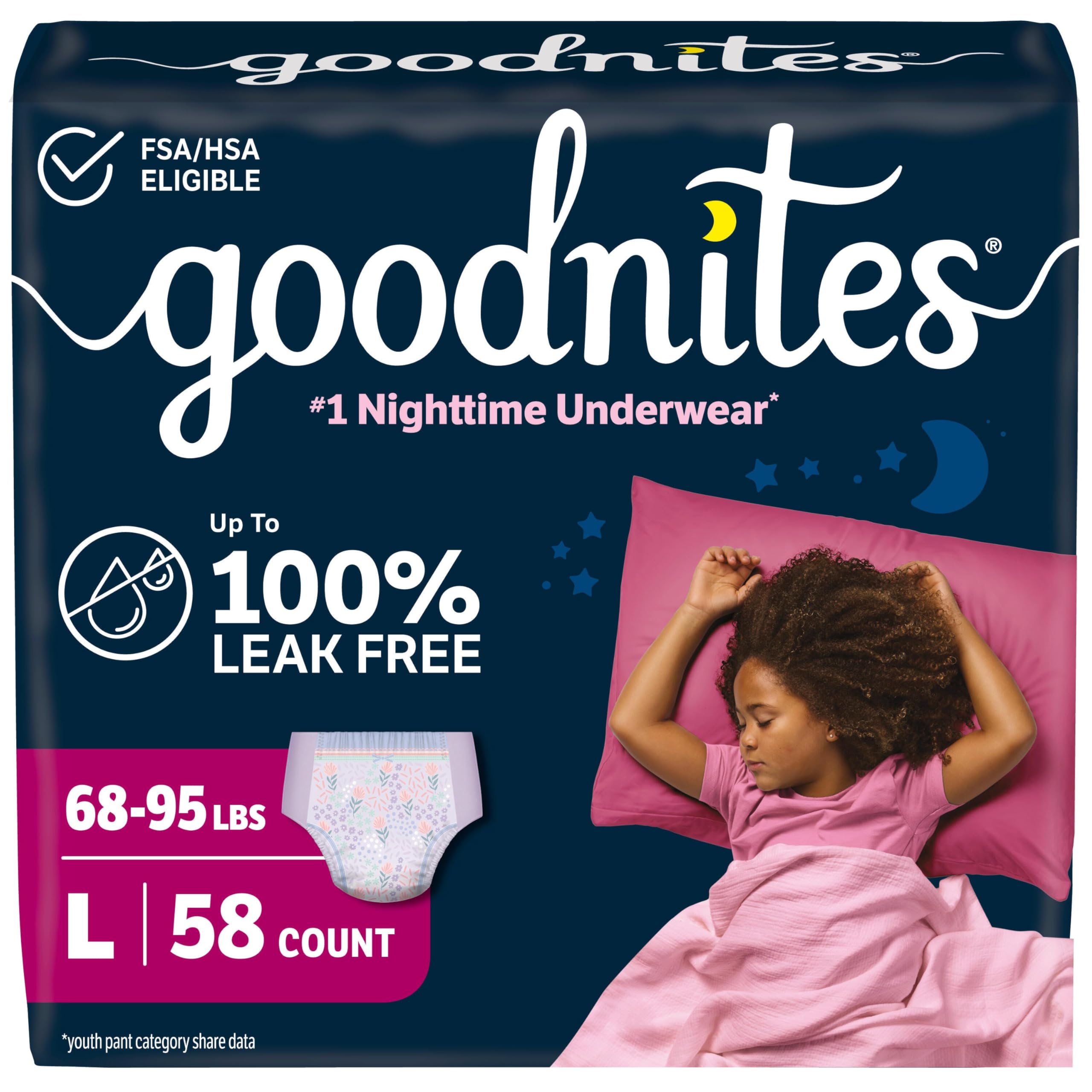 GoodNites presentación frontal mostrando paquete y cantidades, protección clara