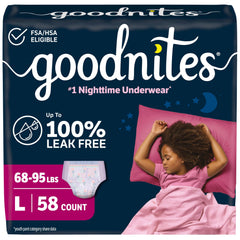 GoodNites presentación frontal mostrando paquete y cantidades, protección clara
