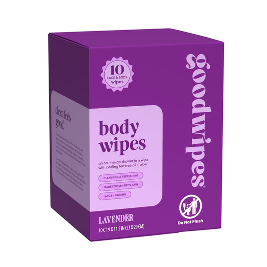 goodwipes paquete frontal lavanda mostrando 10 unidades y diseño ecológico