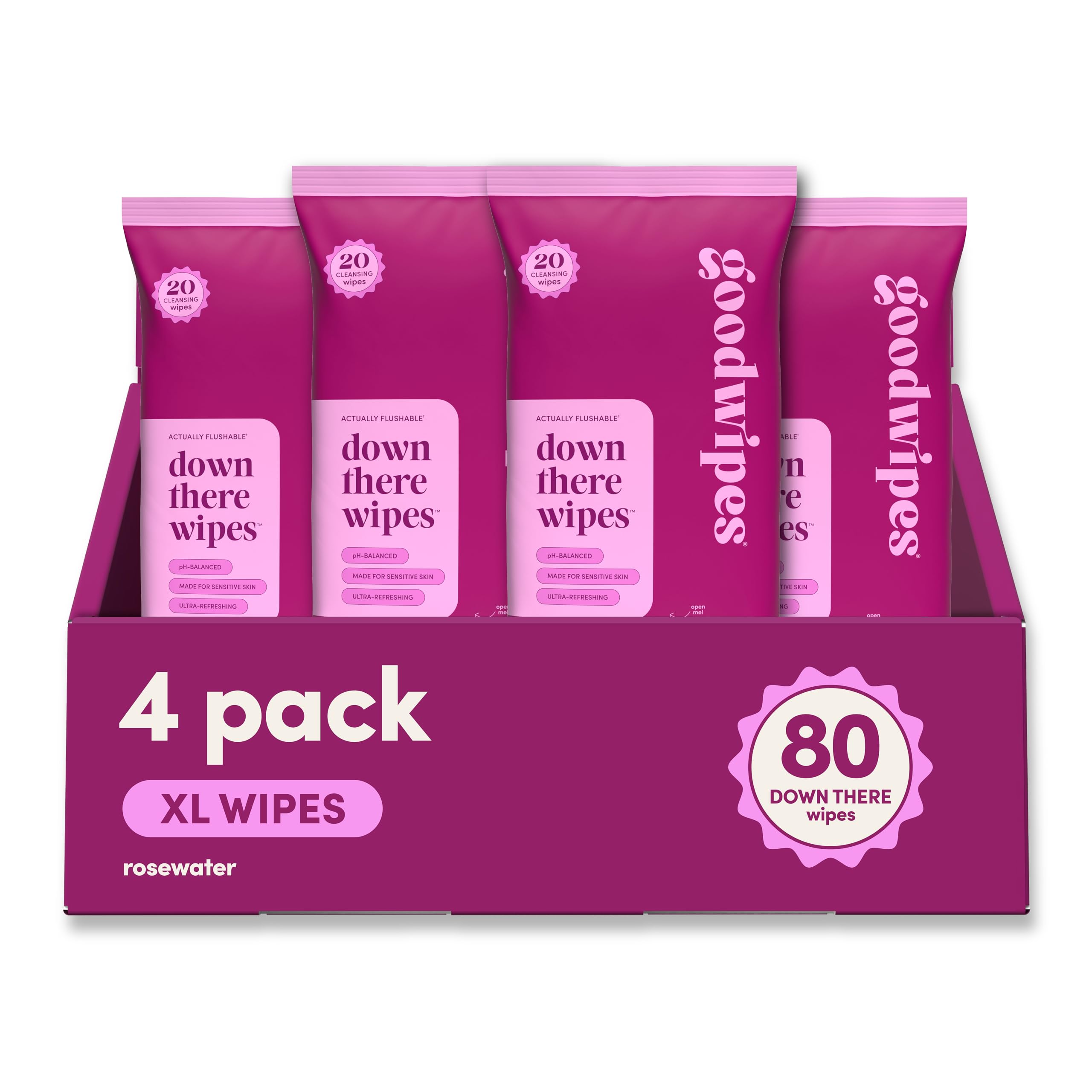 goodwipes empaque frontal rosa mostrando 4 paquetes y beneficio flushable
