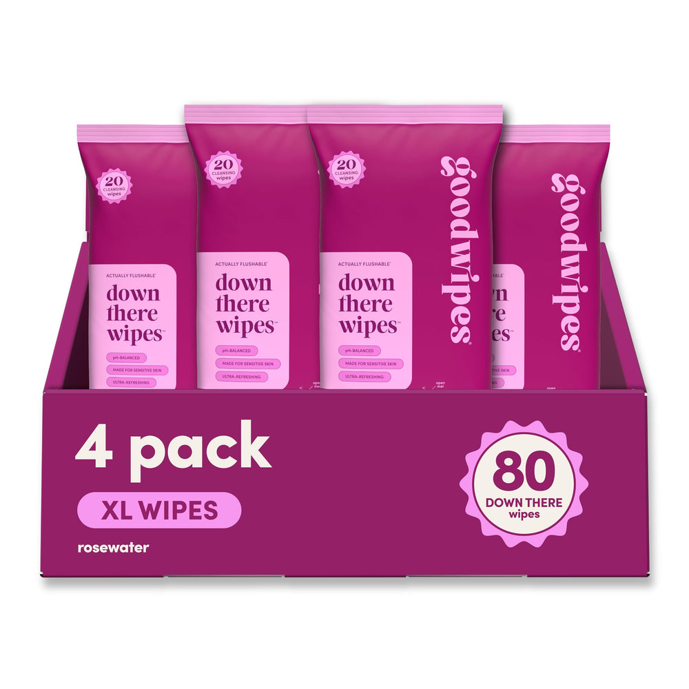 goodwipes empaque frontal rosa mostrando 4 paquetes y beneficio flushable