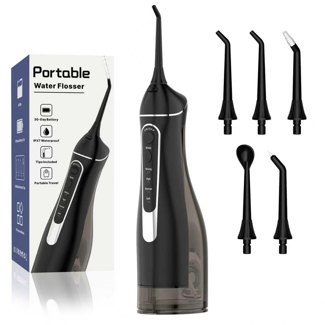 Goopick hidroflosser frontal mostrando diseño negro y beneficio de limpieza potente