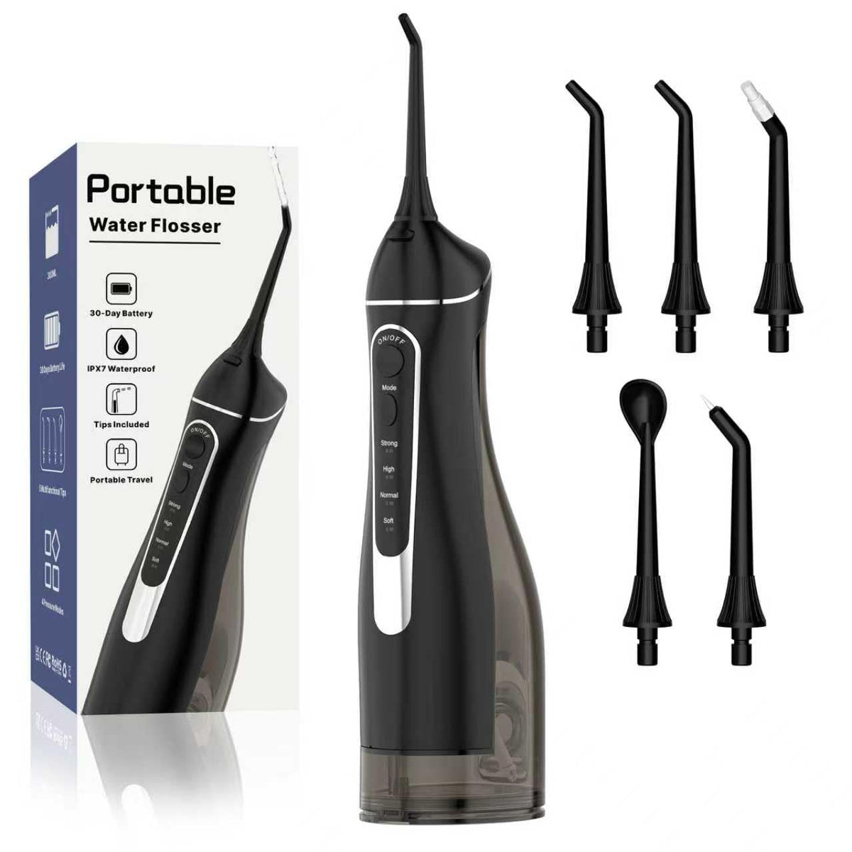 Goopick hidroflosser frontal mostrando diseño negro y beneficio de limpieza potente
