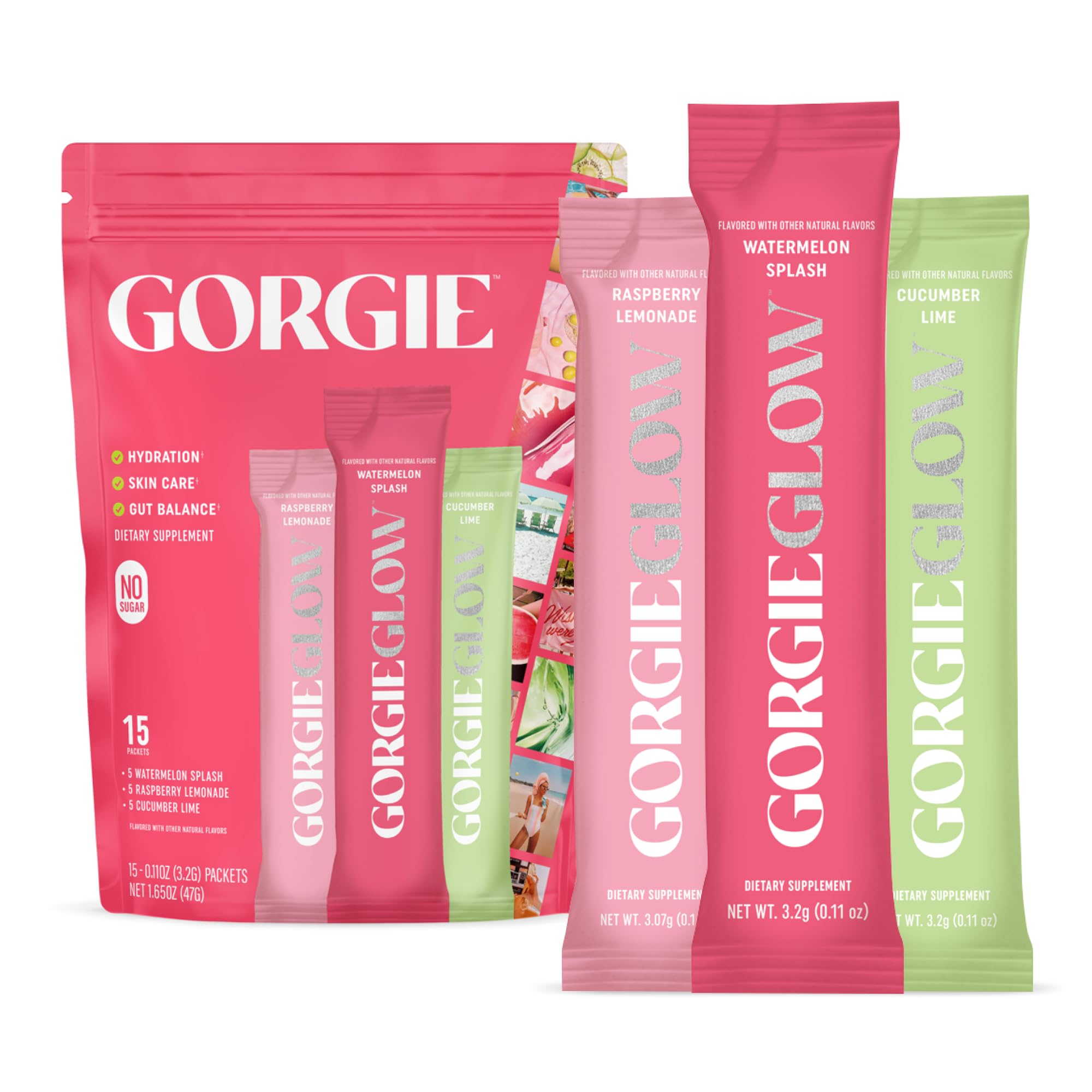 GORGIE paquete frontal mostrando 15 sobres y beneficios limpios