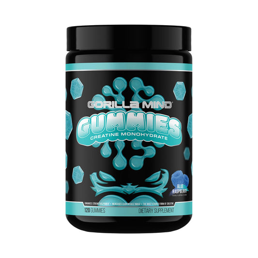 Gorilla Mind paquete frontal de Creatine Gummies mostrando diseño y sabor frambuesa azul beneficios prácticos