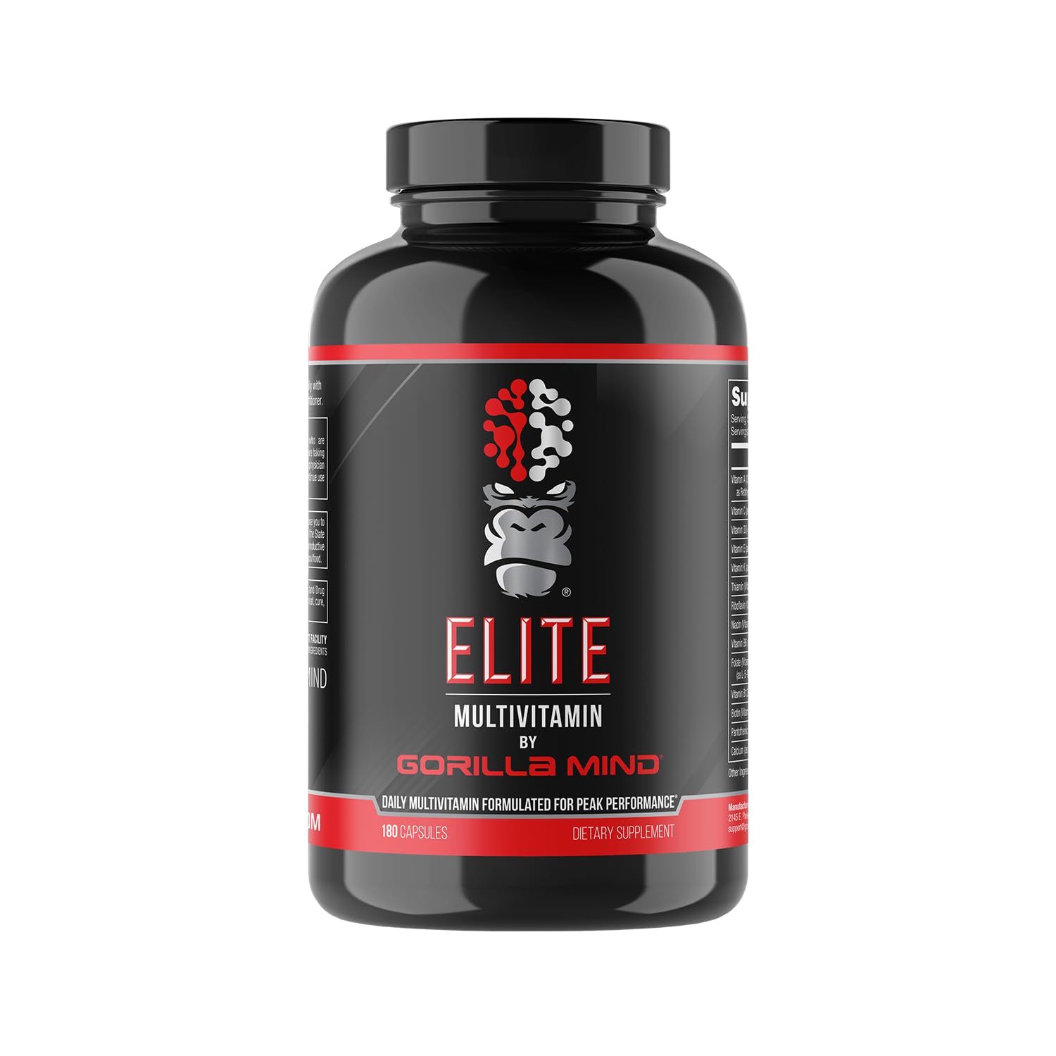 Gorilla Mind envase frontal mostrando 180 cápsulas y beneficios diarios