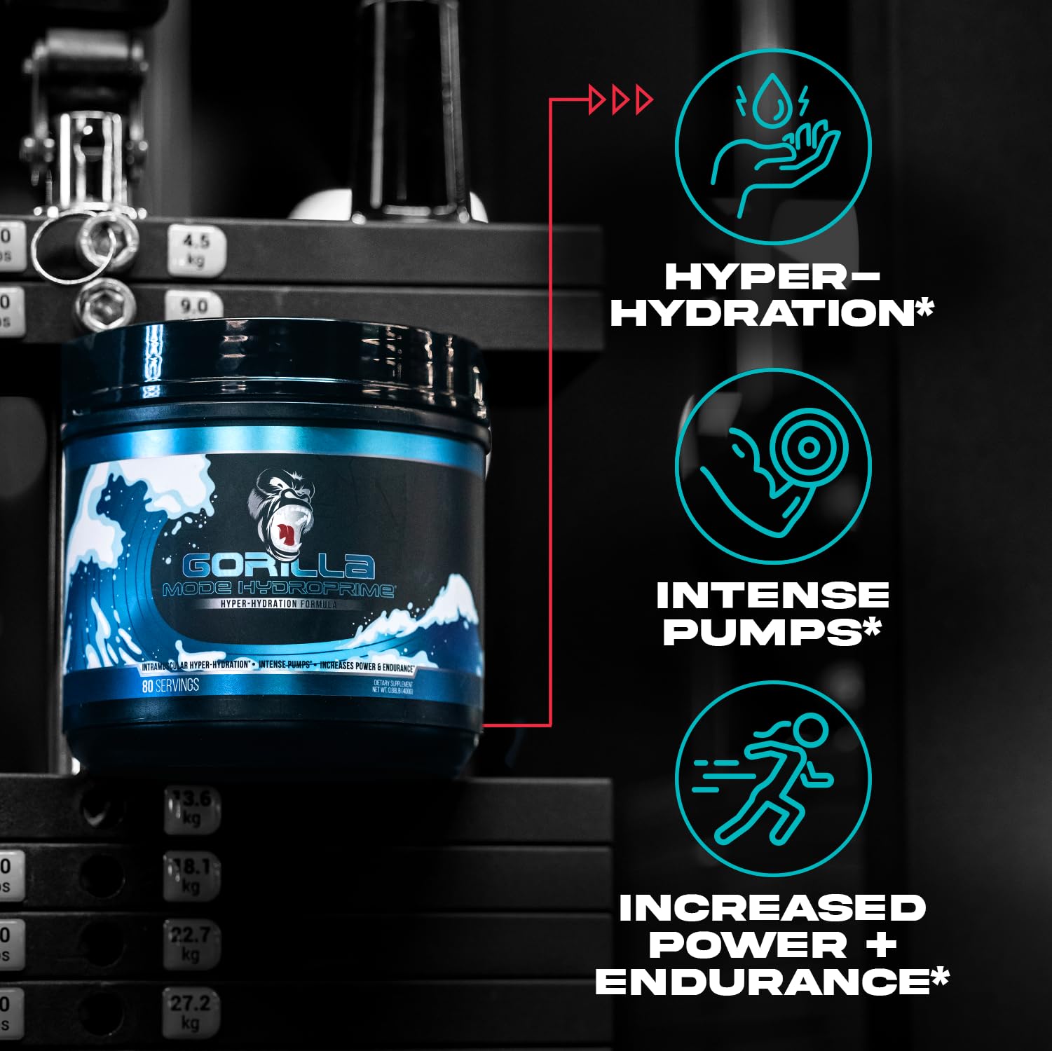 Atleta en gimnasio usando Hydroprime antes de entrenar para pumps más intensos
