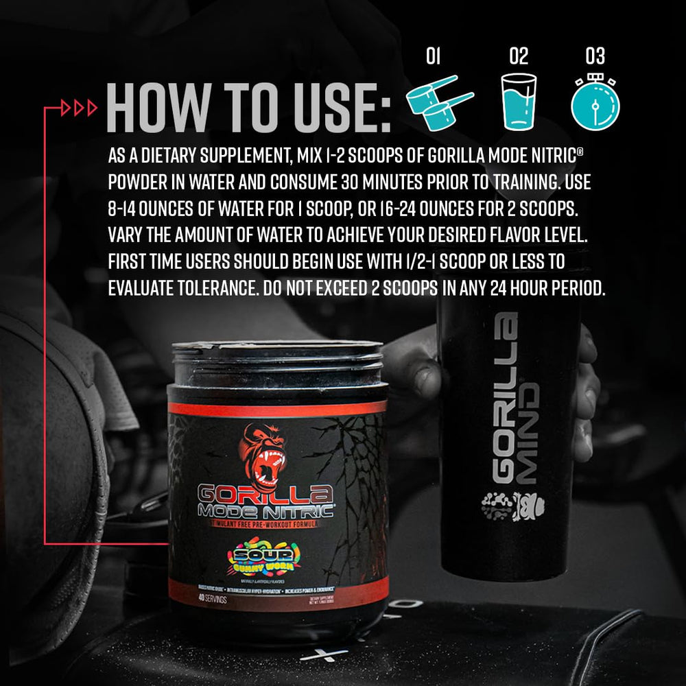 Gorilla Mind Nitric en ambiente de gimnasio mostrando uso pre-entreno y mayor vascularización