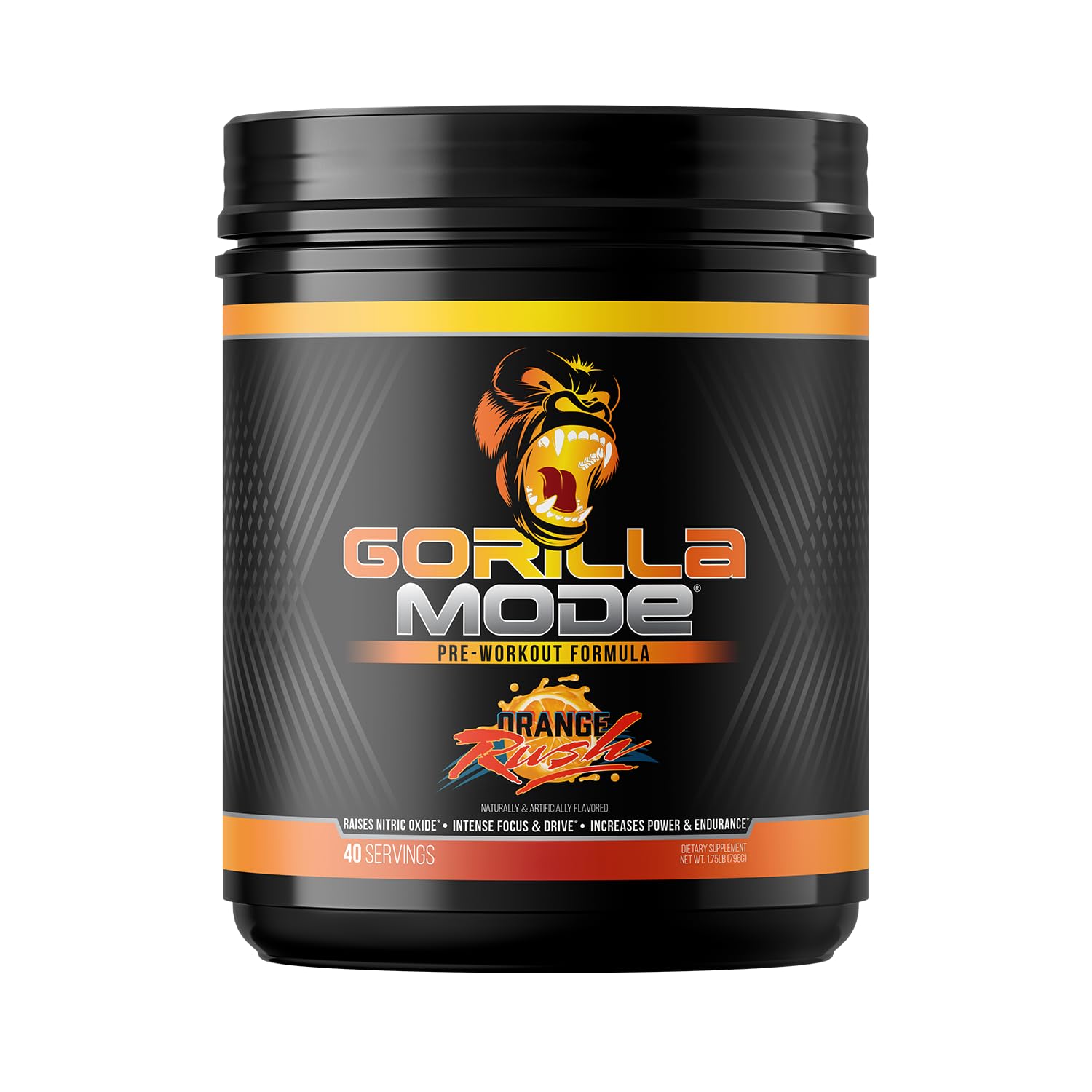 Gorilla Mind Gorilla Mode frente del tarro mostrando etiqueta y tamaño, inspira confianza