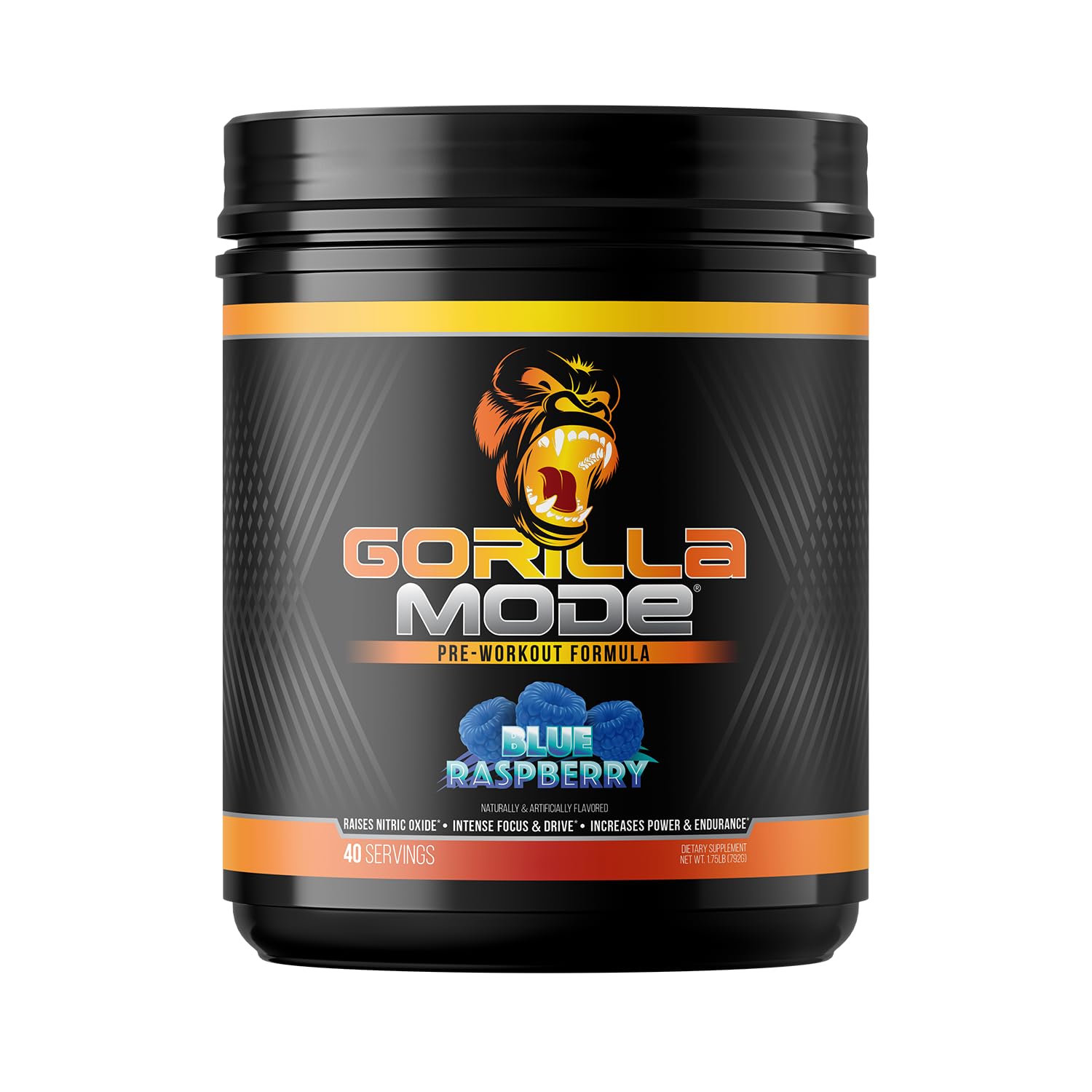 Gorilla Mind Gorilla Mode bote frontal sabor blue raspberry mostrando etiqueta y beneficios