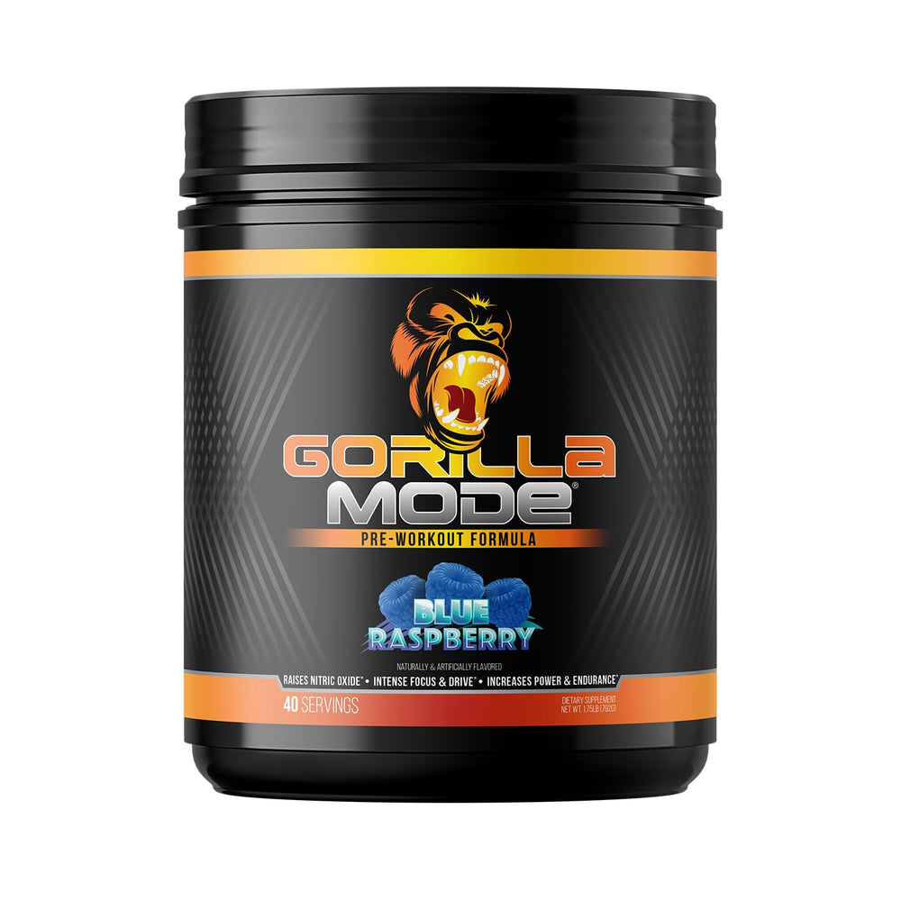 Gorilla Mind Gorilla Mode bote frontal sabor blue raspberry mostrando etiqueta y beneficios
