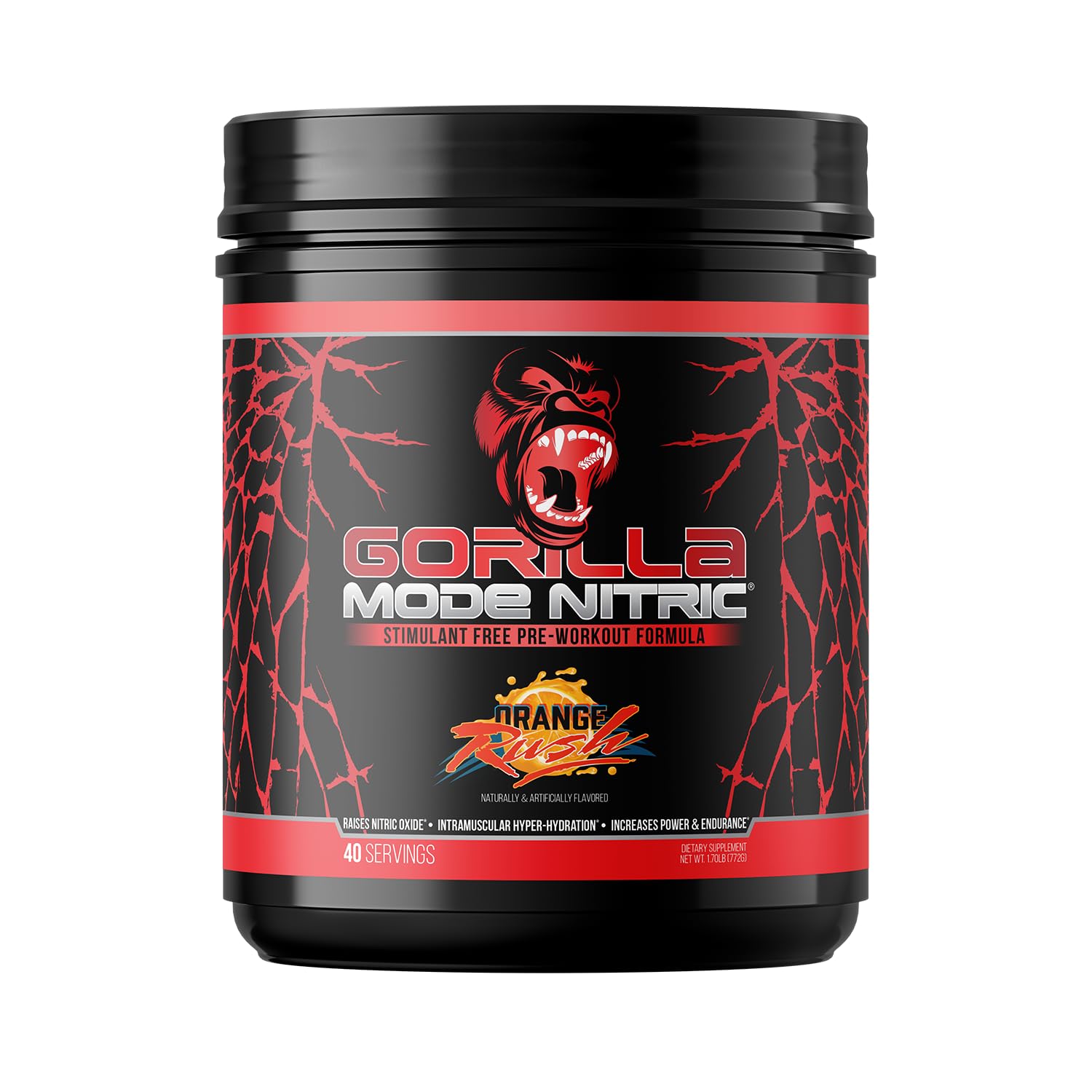Gorilla Mind Gorilla Mode Nitric envase frontal mostrando sabor Orange Rush y beneficios de bombas