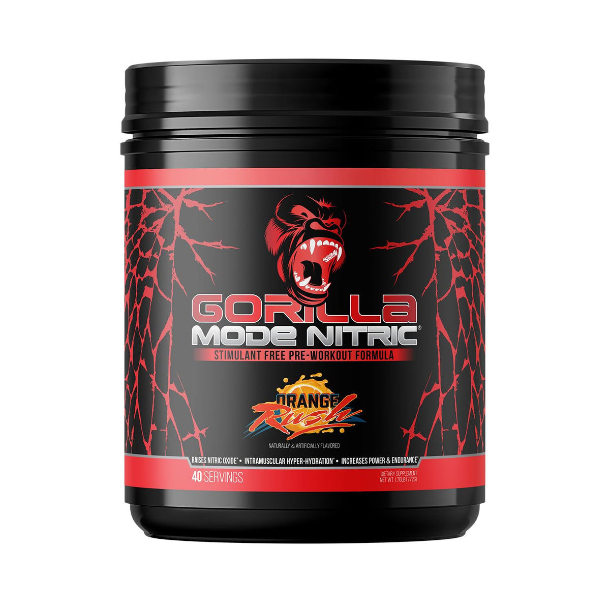 Gorilla Mind Gorilla Mode Nitric envase frontal mostrando sabor Orange Rush y beneficios de bombas