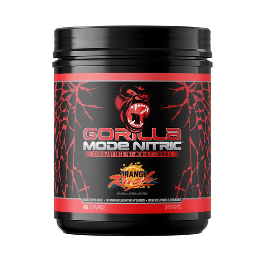 Gorilla Mind Gorilla Mode Nitric envase frontal mostrando sabor Orange Rush y beneficios de bombas