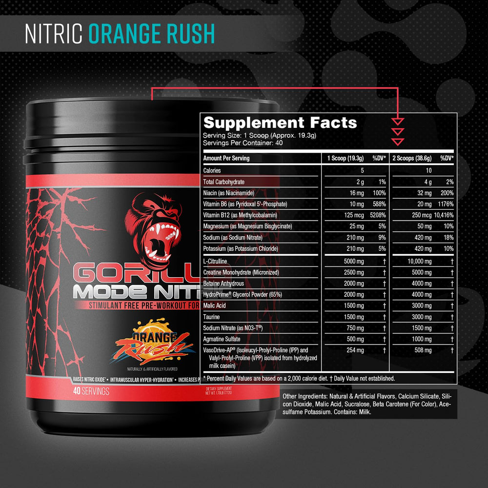 Gorilla Mind Gorilla Mode Nitric polvo a primer plano que muestra la textura y fácil mezcla