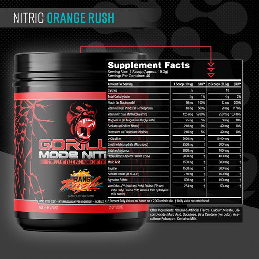 Gorilla Mind Gorilla Mode Nitric polvo a primer plano que muestra la textura y fácil mezcla