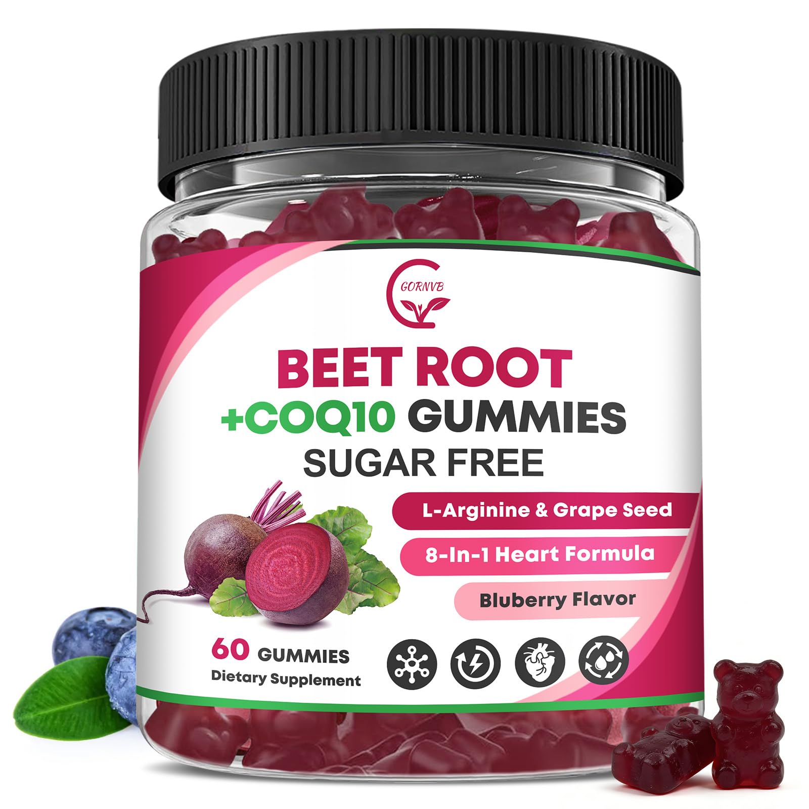 GORNVB envase frontal de Beet Root Gummies mostrando diseño y 60 unidades, conveniencia diaria