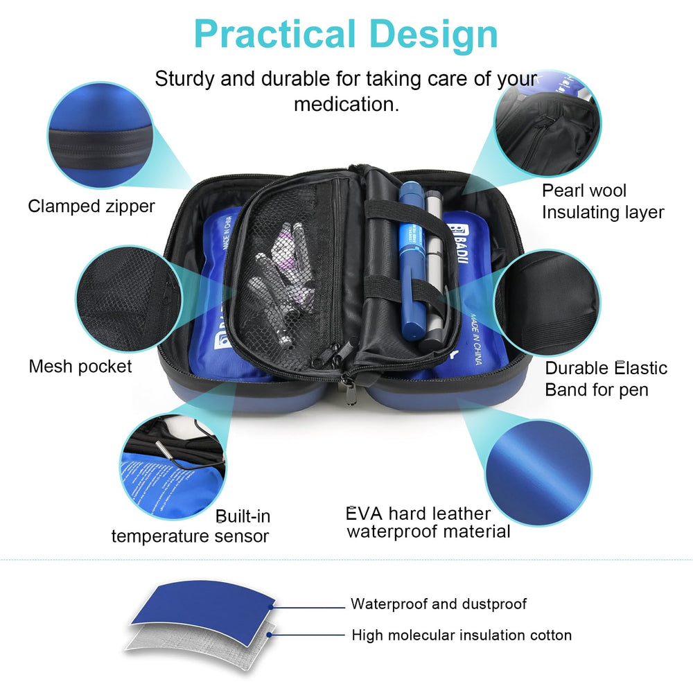 Gosemai interior organizado con espacio para 3–5 plumas de insulina y accesorios