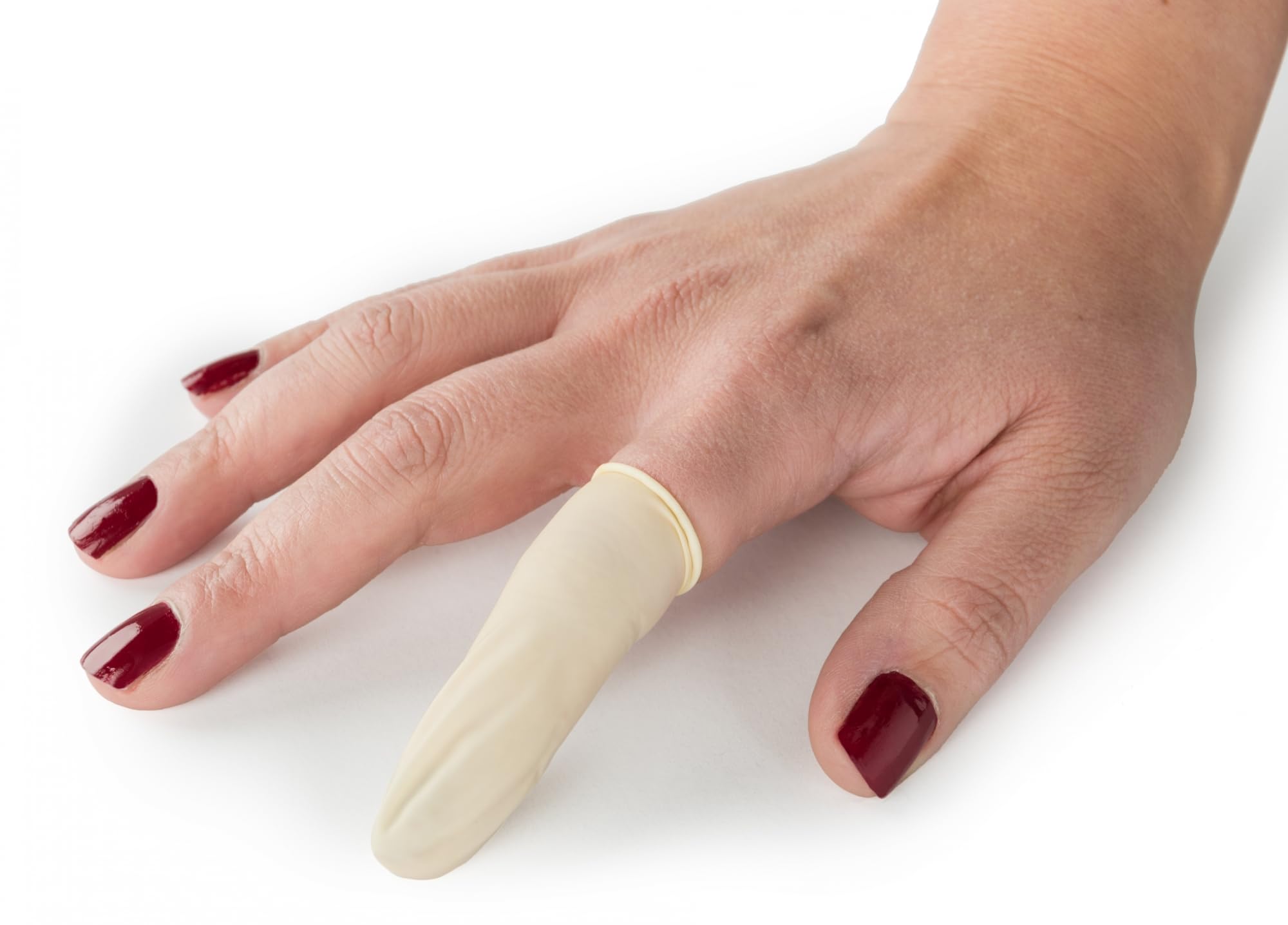 Graham-Field finger cot desplegado mostrando tamaño XL y ajuste