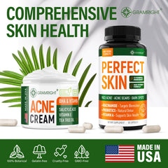 Escena de baño con GRAMRIGHT Perfect Skin Pills junto a rutina de cuidado facial
