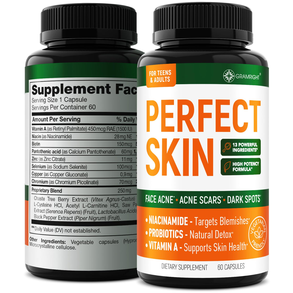 GRAMRIGHT envase frontal de Perfect Skin Pills mostrando diseño y beneficio de claridad