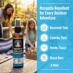Grandpa Gus's spray en uso en senderismo para protección familiar