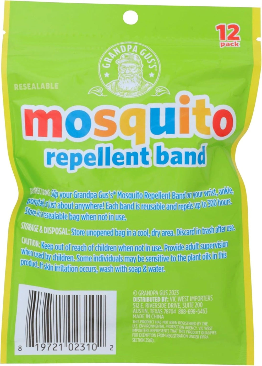 Grandpa Gus's etiqueta con ingredientes y recomendaciones para uso correcto