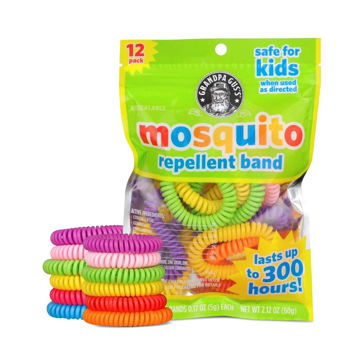 Grandpa Gus's empaque frontal mostrando 12 pulseras, práctico para familias
