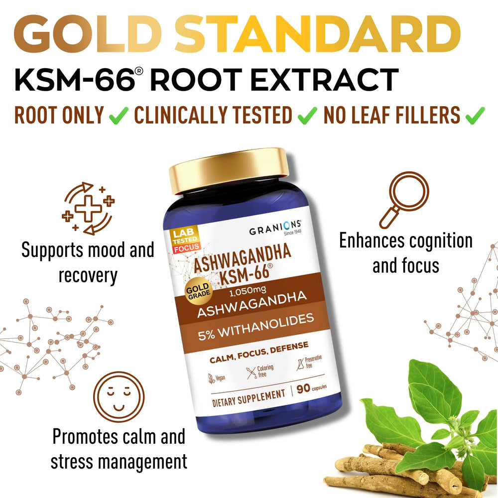 Granions KSM66 Ashwagandha envase vegano para resiliencia al estrés.
