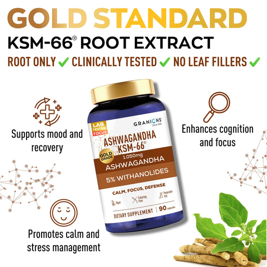 Granions KSM66 Ashwagandha envase vegano para resiliencia al estrés.