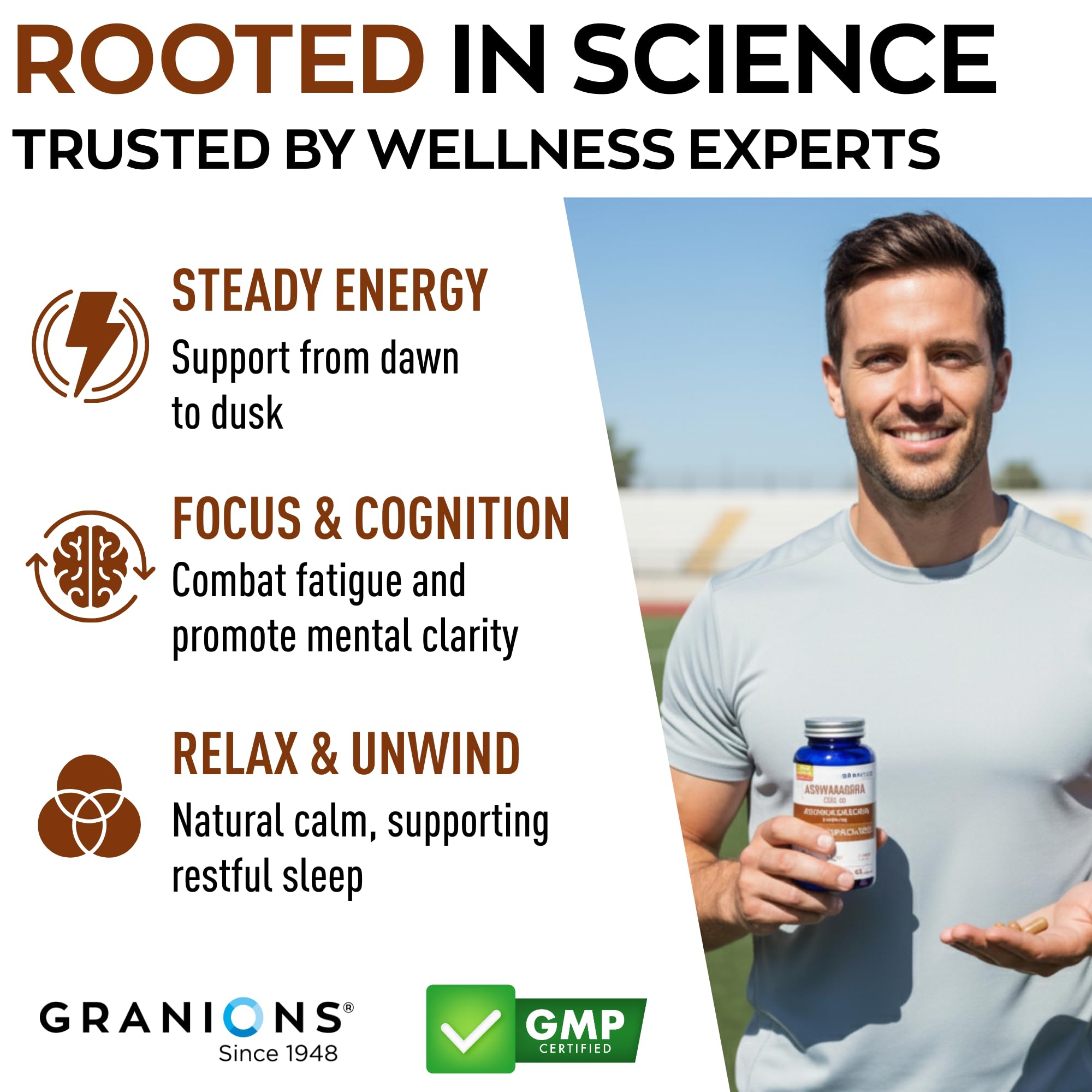 Granions KSM66 Ashwagandha etiqueta: potencia estandarizada al 5% de withanolides.
